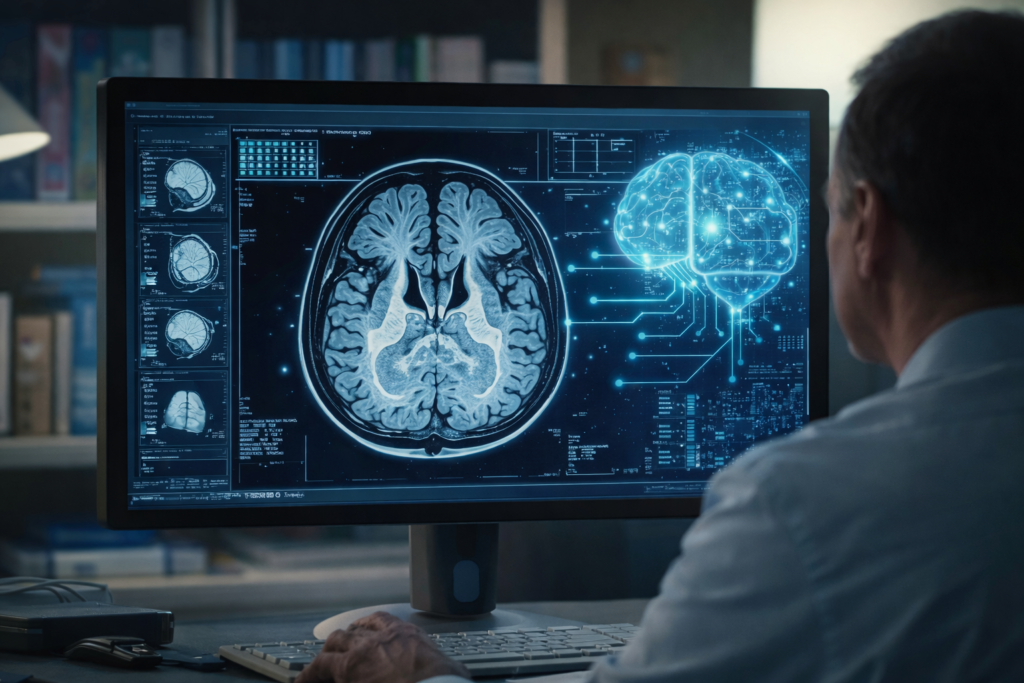AI Brain MRI analysis detecting neurological disorders using advanced medical imaging technology
