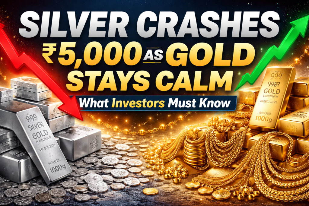 Silver crashes ₹5,000 while gold stays calm showing silver bars with red downward arrow and gold bars with green upward arrow