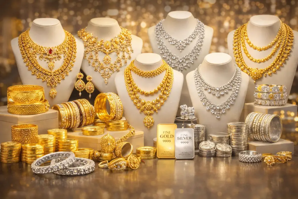 gold and silver jewellery designs collection with necklaces bangles rings and coins