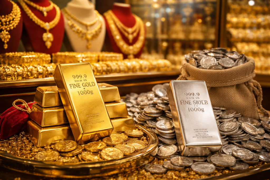 Gold and silver jewellery displayed in a shop with coins and ornaments