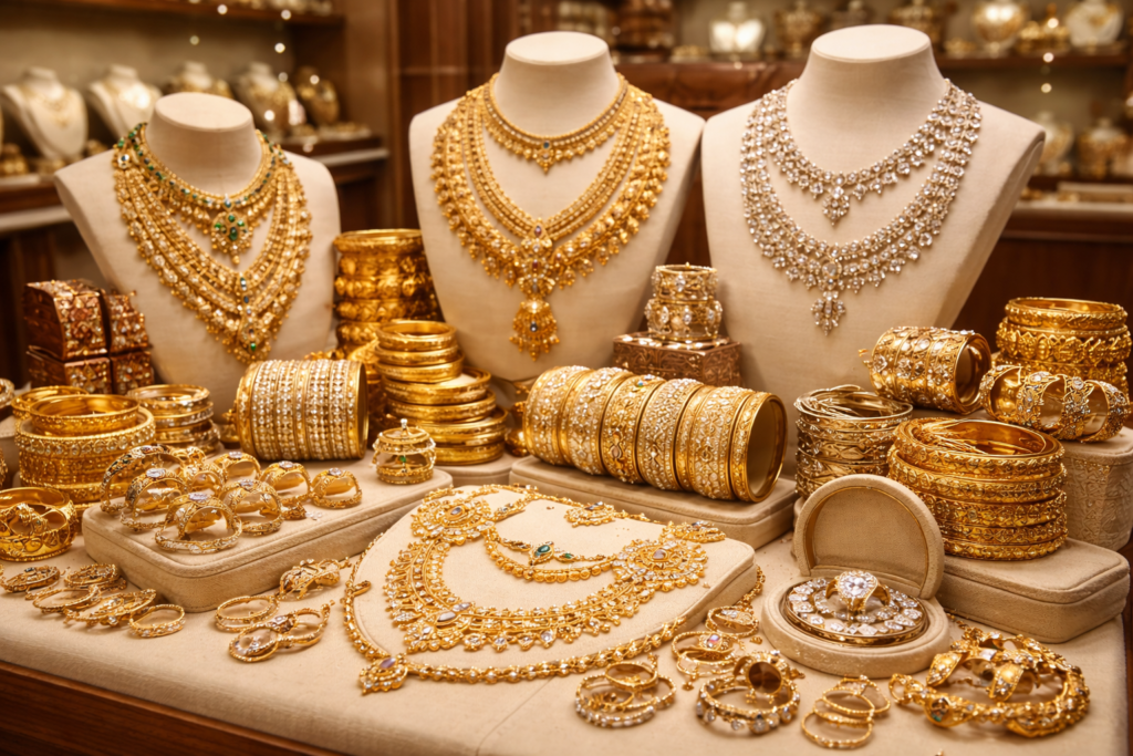 Elegant gold and silver jewellery collection displayed in a showroom as gold and silver rates today witness market movement in 2026.