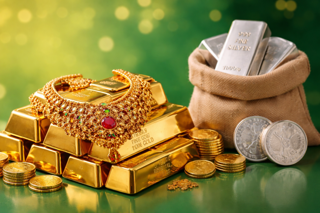 ఈరోజు హైదరాబాద్ బంగారం మరియు వెండి ధరను సూచించే బంగారు కడ్డీలు, బంగారు ఆభరణాల నెక్లెస్ మరియు వెండి నాణేలు