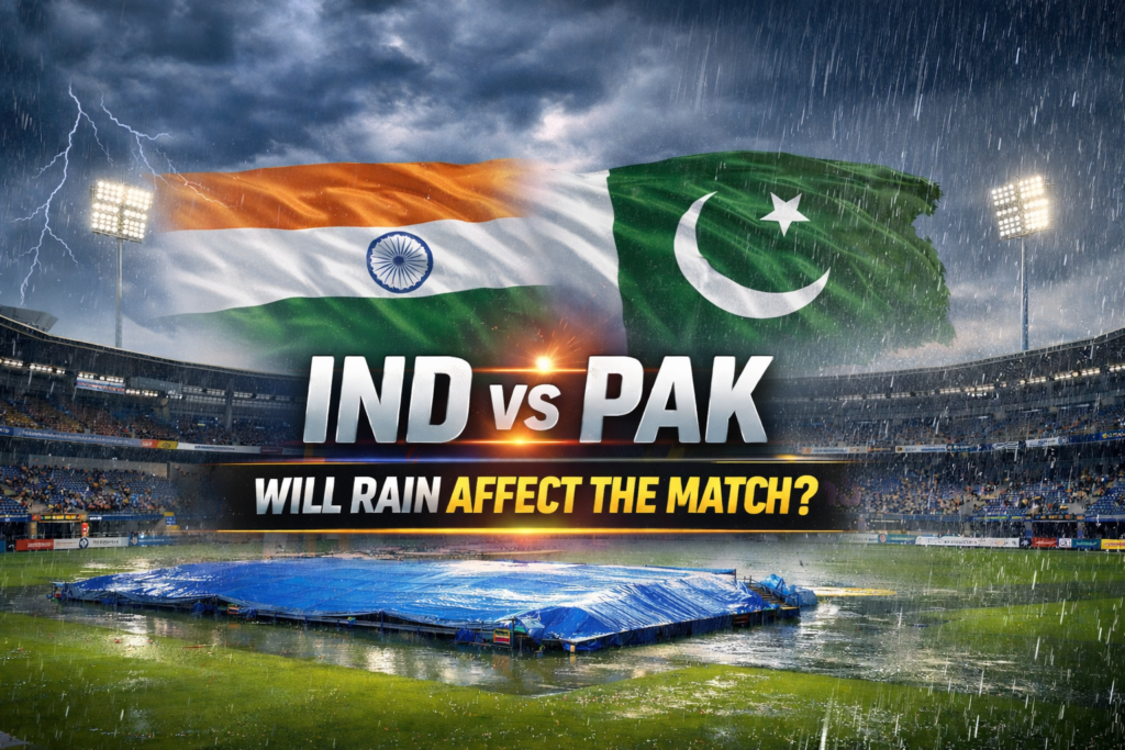 Rain threat over IND vs PAK match in Colombo stadium with storm clouds and covered pitch