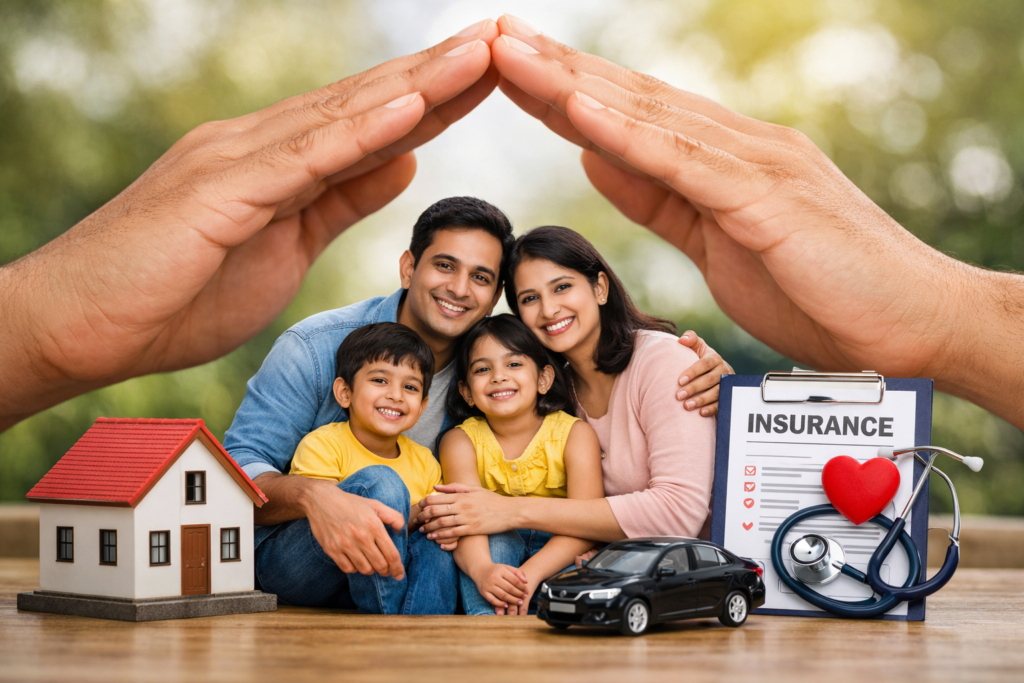 ఇల్లు మరియు కారుతో ఆరోగ్యం మరియు టర్మ్ బీమా ద్వారా కుటుంబం రక్షించబడుతుందని చూపించే ఆర్థిక స్థిరత్వ భావన.
