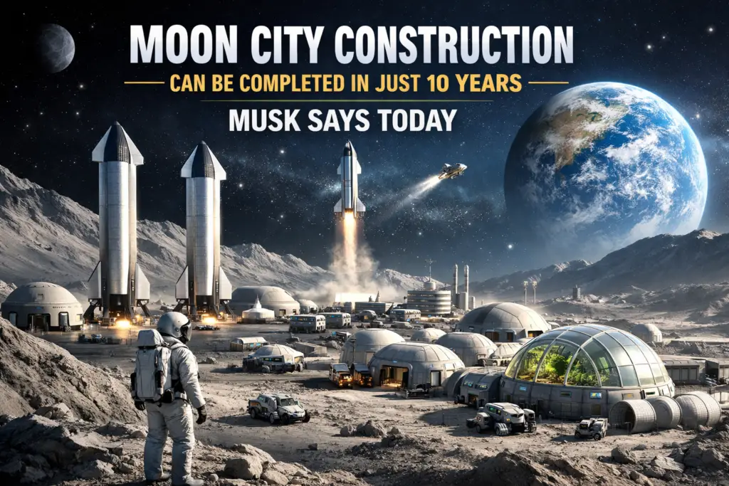 Moon city construction concept with SpaceX rockets and lunar base