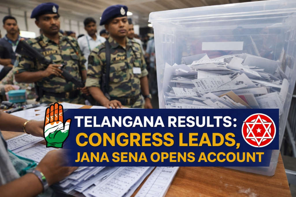Telangana Municipal Election Results showing Congress leading and Jana Sena opening account