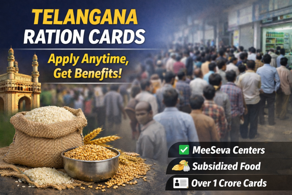 Telangana ration cards apply anytime government update crowd at ration shop