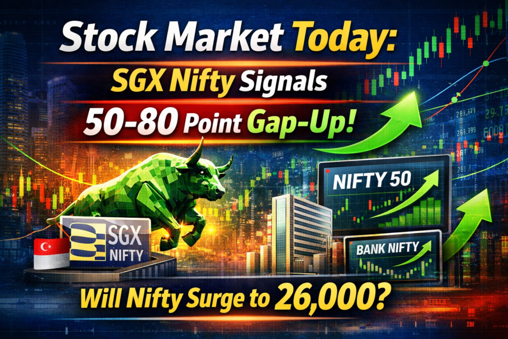 Stock market today update showing Nifty 50 near 26000 with bullish green chart and market trend background