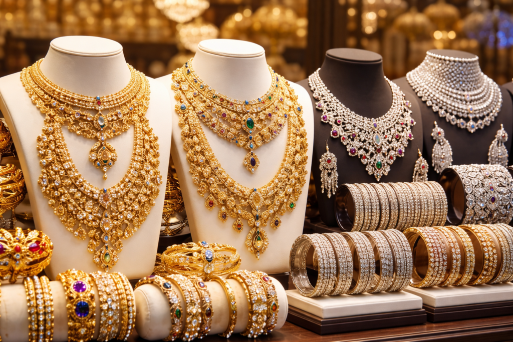Gold and silver jewellery display in shop showroom highlighting rising gold price today and silver rate surge in India
