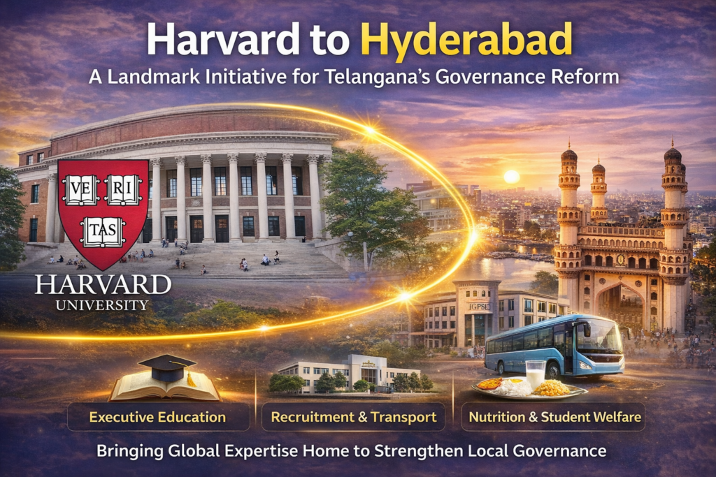 Harvard to Hyderabad initiative connecting Harvard University with Telangana governance reforms including executive education, recruitment transparency and student welfare programs