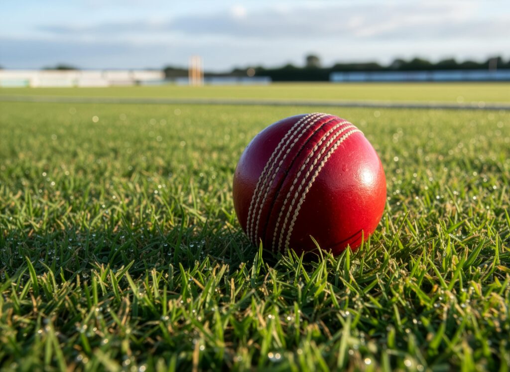 Close-up of a vibrant red cricket ball on a grass field, ideal for sports themes.