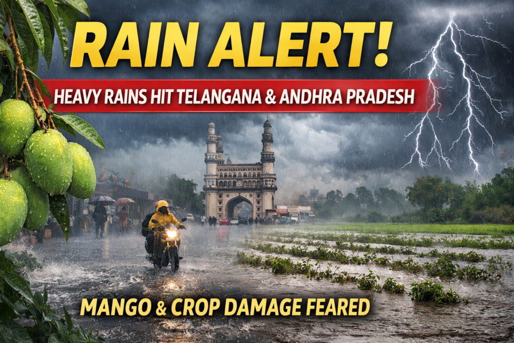 Rain Alert in Telangana and Andhra Pradesh with heavy rainfall, lightning, Hyderabad Charminar skyline and mango crop damage warning
