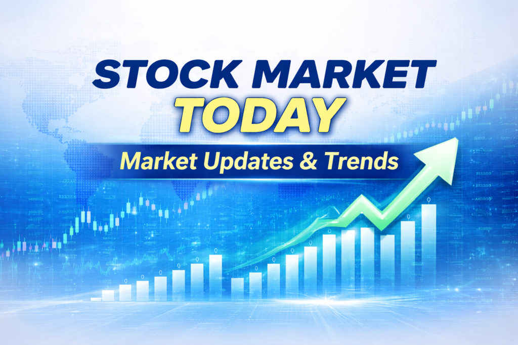Stock market today update with blue background and rising market trend graphic