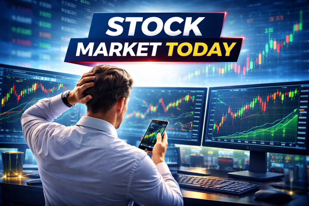 Stock market trader analyzing charts on multiple screens during live market session