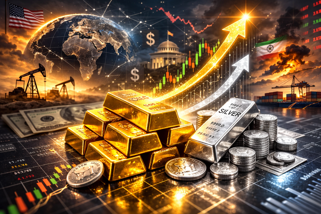 Gold and silver bars with rising market chart arrows showing bullish price trend and global market volatility.