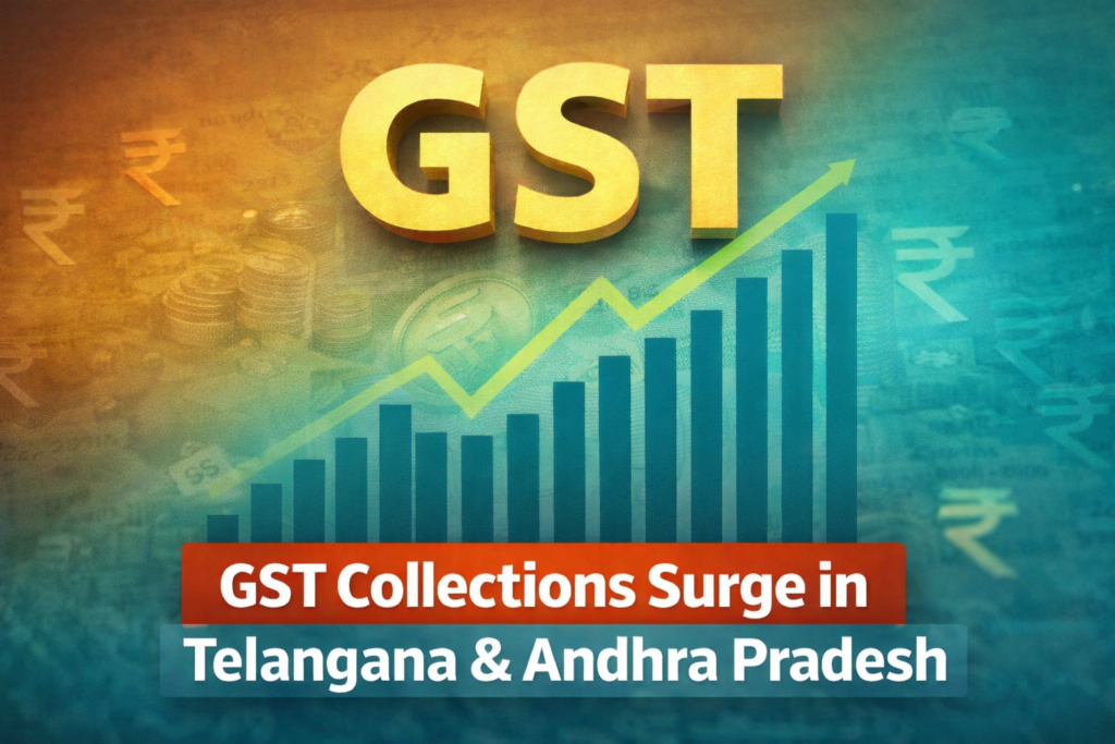 GST collections surge in Telangana and Andhra Pradesh February 2026 with rising bar chart