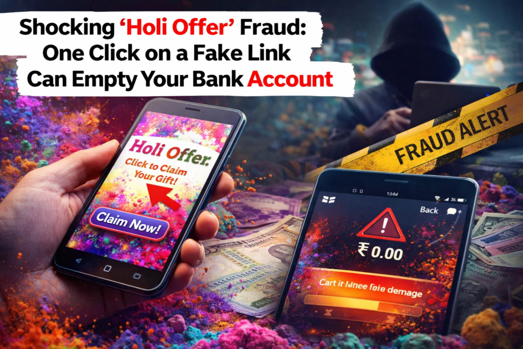 Holi offer fraud warning image showing fake festive link on smartphone and bank balance alert about online scam