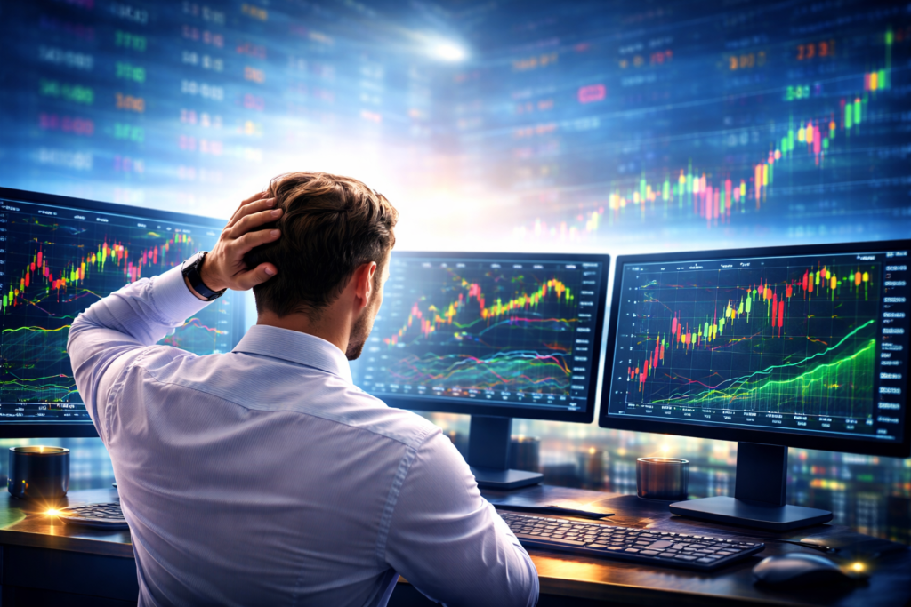 Stock market trader analyzing live charts on multiple screens during trading session